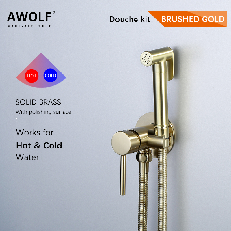 Awolf ブラッシュゴールドトイレビデスプレーセット温冷ビデミキサーソリッドブラス衛生シャワーフィッティングトイレ AP2239