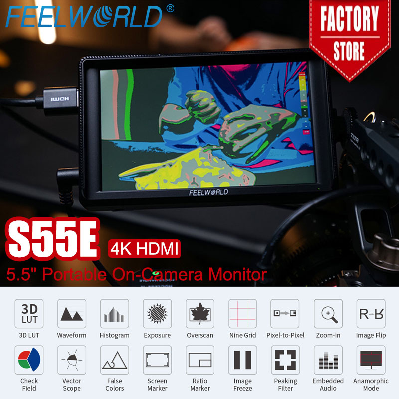 FEELWORLD 5.5 "DSLR ポータブルカメラモニター S55E 4K HDMI 入力/出力フル HD IPS チルトスタンド 1920x1152 ピクセル