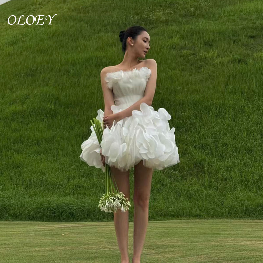 OLOEY 絶妙な花のウェディングパーティーショートドレスストラップレスコルセットホワイトチュール韓国写真撮影誕生日ウエディングドレス Customzied