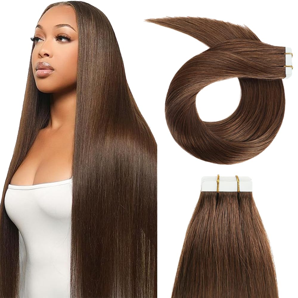 #4 Brown Tape in Hair Extensions Human Hair 50g Human Hair Tape in Extensions 20Pcs Dark Brown Tape Ins Seamless Chocolate Brown