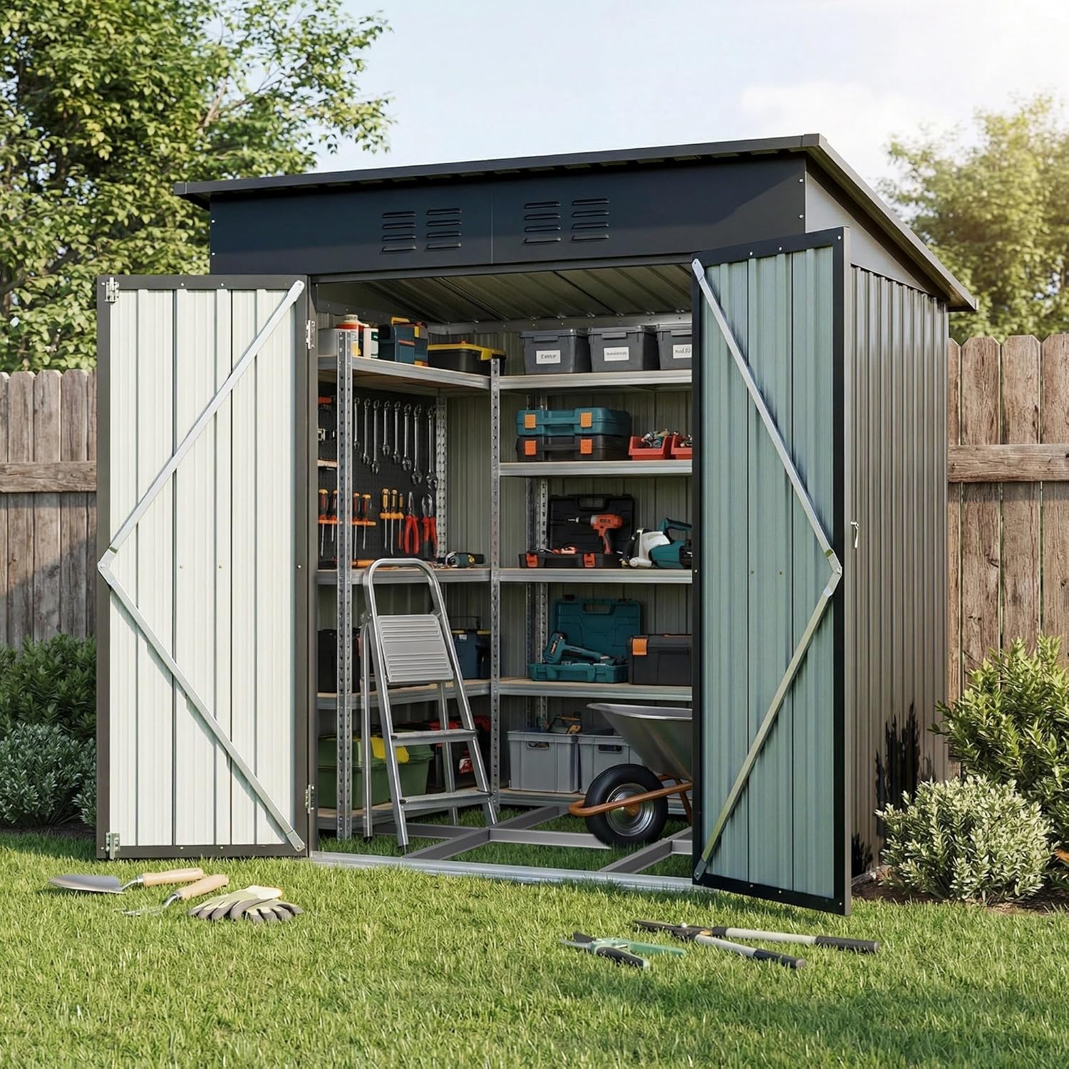 6x4フィートブラック屋外物置小屋アルミフレーム耐候性ロック可能ドアプラスチックコーナーキャップ2つの通気口傾斜屋根、カスタム
