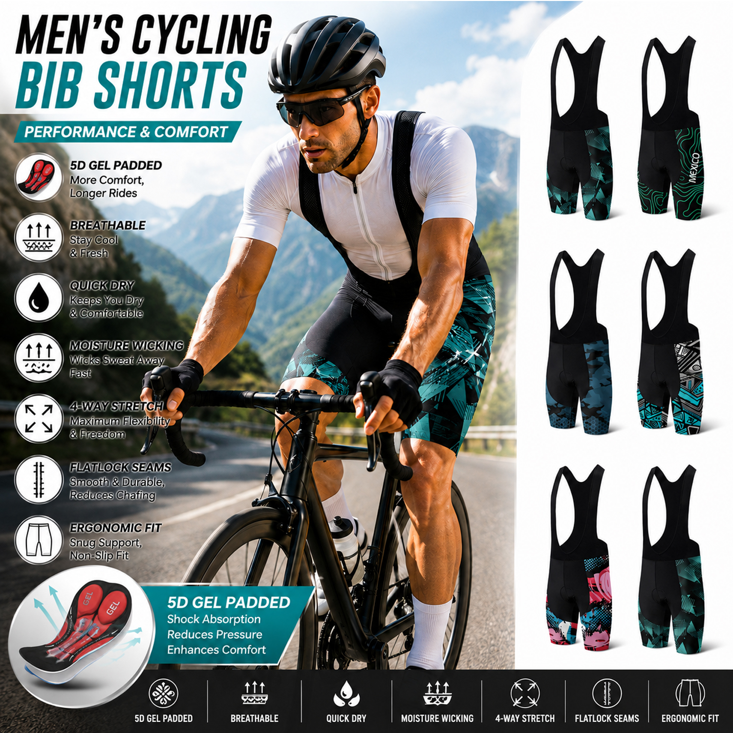 男性用通気性サイクリングビブショーツ – ジェルパッド付きプロフェッショナルライディングショーツ 快適で通気性のあるライディングショーツ