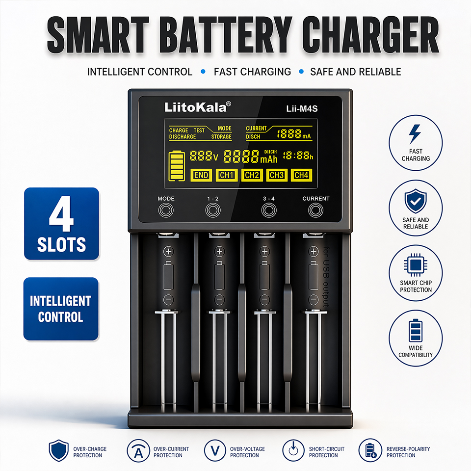 Lii-M4S スマートタッチ 4 スロットバッテリー充電器 18650 26650 AA AAA リチウムイオン Ni-MH 用、容量テスター、USB 出力、懐中電灯アクセサリー