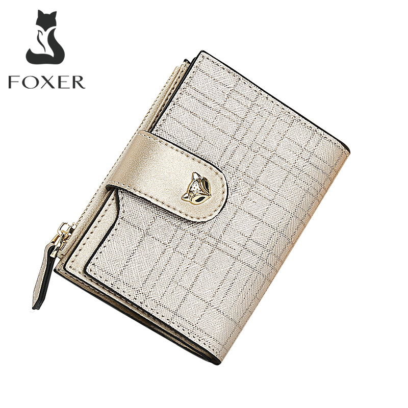 Foxer 2026 新牛革女性の短財布高品質クラッチカード財布ミニファッション女性折りたたみ盗難防止バッグ