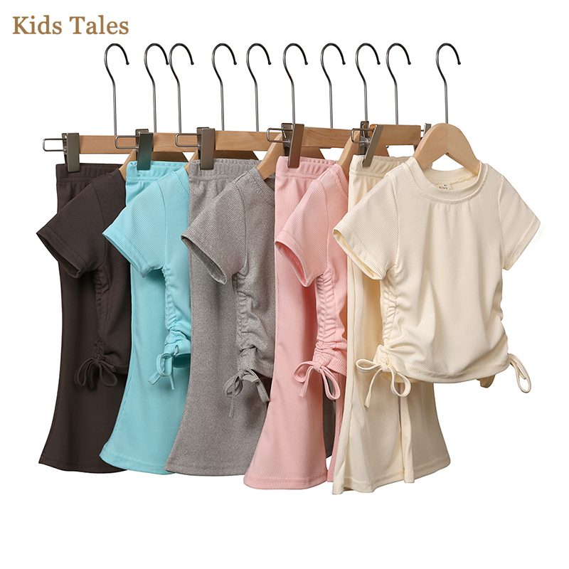 2 個夏のキッズガールズ固体リブ衣装幼児ソフト Tシャツトップ弾性ウエストベルボトムフレアレッグパンツ服セット
