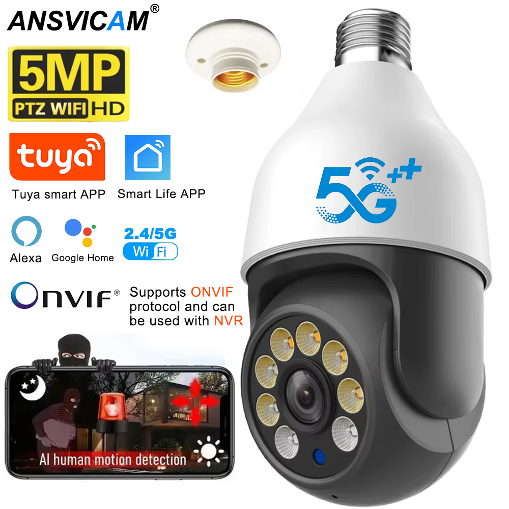5MP 5G 電球カメラ E27 WiFi TUYA スマートライフ PTZ IP CCTV 屋外ナイトビジョン 3MP セキュリティビデオ電球監視カメラ TUYA