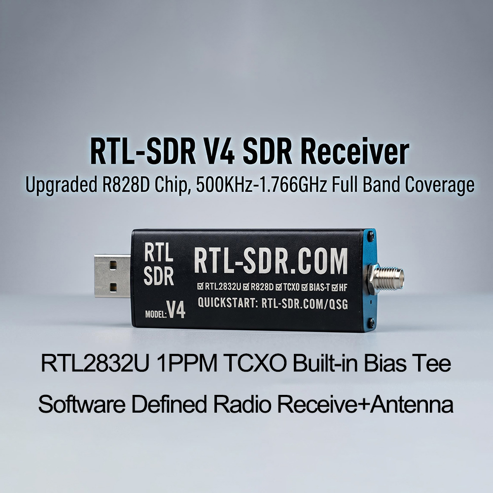 RTL-SDR V4 ソフトウェア無線受信機 500KHz-1.766GHz R828D チューナー チップ 金属ケーシング SMA ポート RTL2832U 1PPM TCXO バイアス ティー