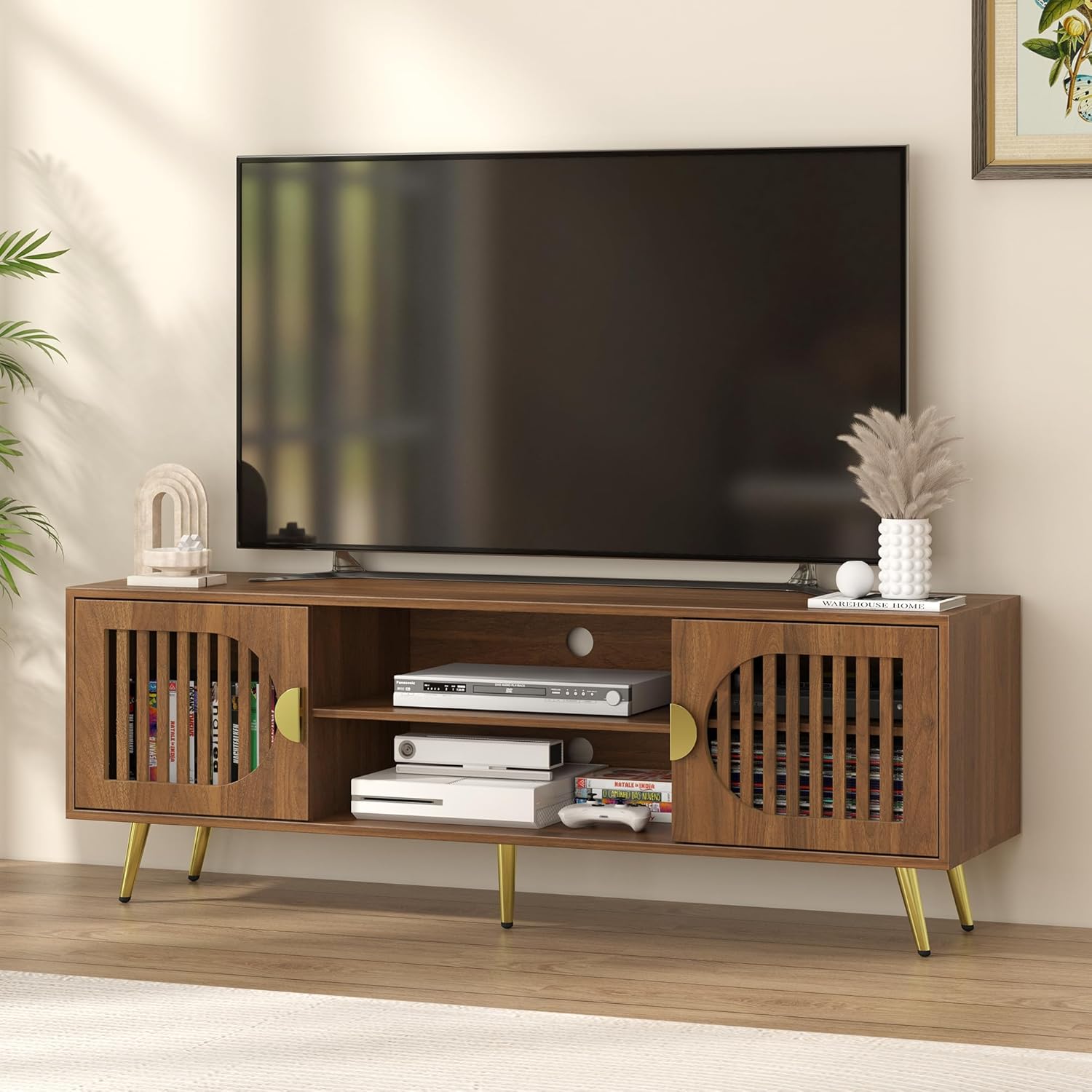 ウォールナット 55 インチ TV スタンド、最大 65 インチのテレビ用、ミッドセンチュリーモダンエンターテイメントセンター、収納棚付き、メディア TV、カスタム