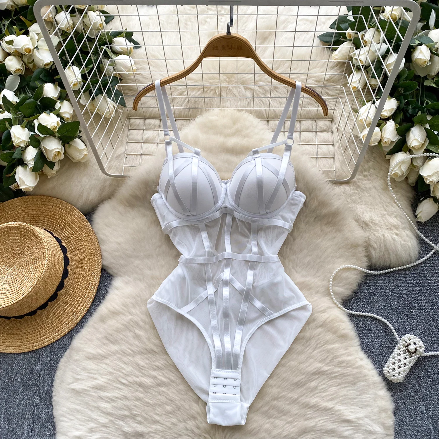 Hotsweet メッシュシースルーヴィンテージボディスーツジャンプスーツスリムトップロンパース夏のビーチセクシーな服