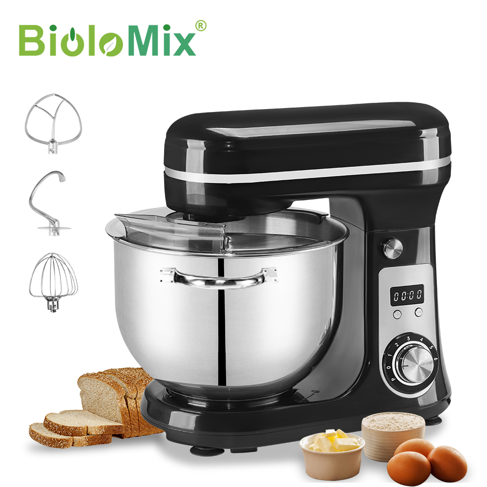 BioloMix キッチンフードスタンドミキサー、ブレンダー、静かなモーター、クリーム卵泡立て器、ホイップ生地ニーダー、6スピード、1200 W、6 L、DC