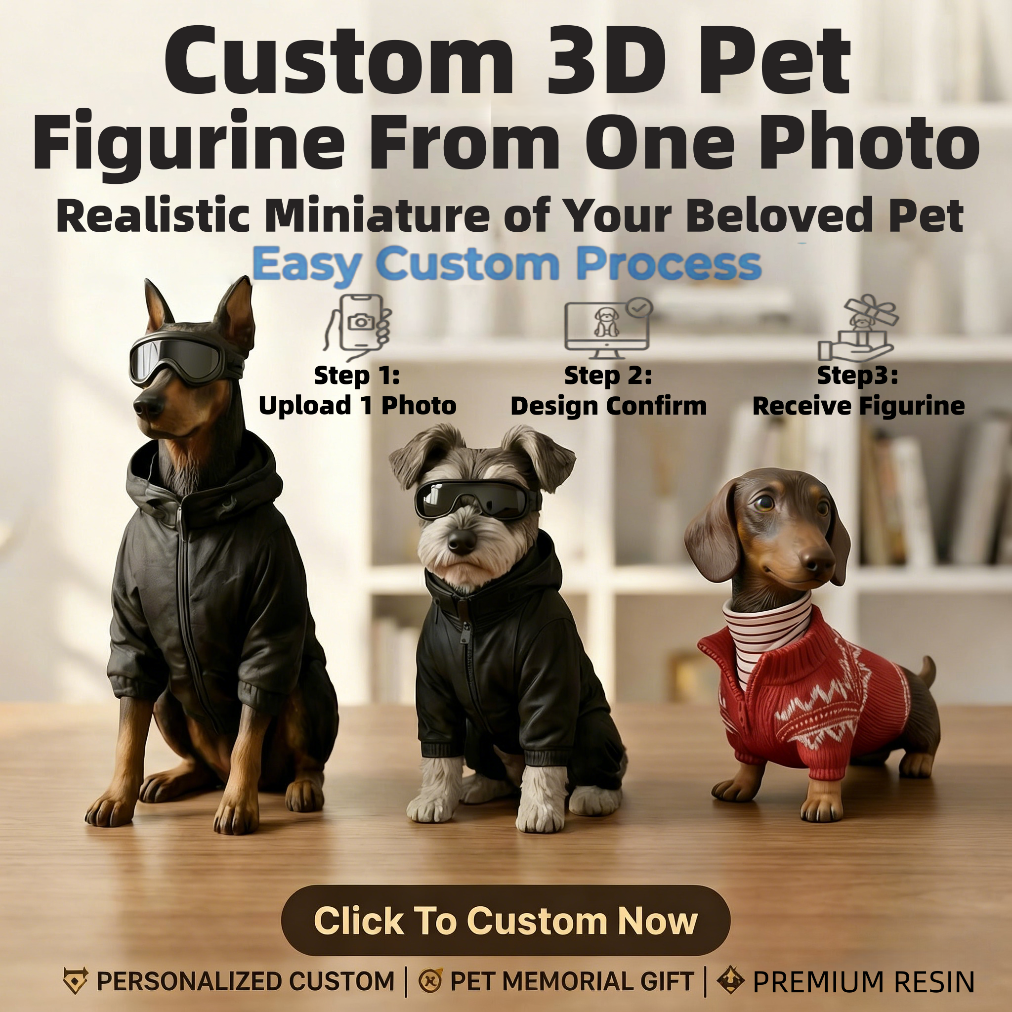 単一の写真からのカスタム 3D ペットフィギュア、樹脂ペットカスタム置物、車のインテリア用の犬猫メモリアルオーナメント