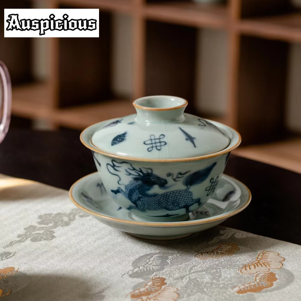 150 ミリリットル景徳鎮青と白のセラミックカバーボウルスカイグリーン Ru 磁器 Sancai 茶ボウル開口部を上げることができ薄いボディ Gaiwan
