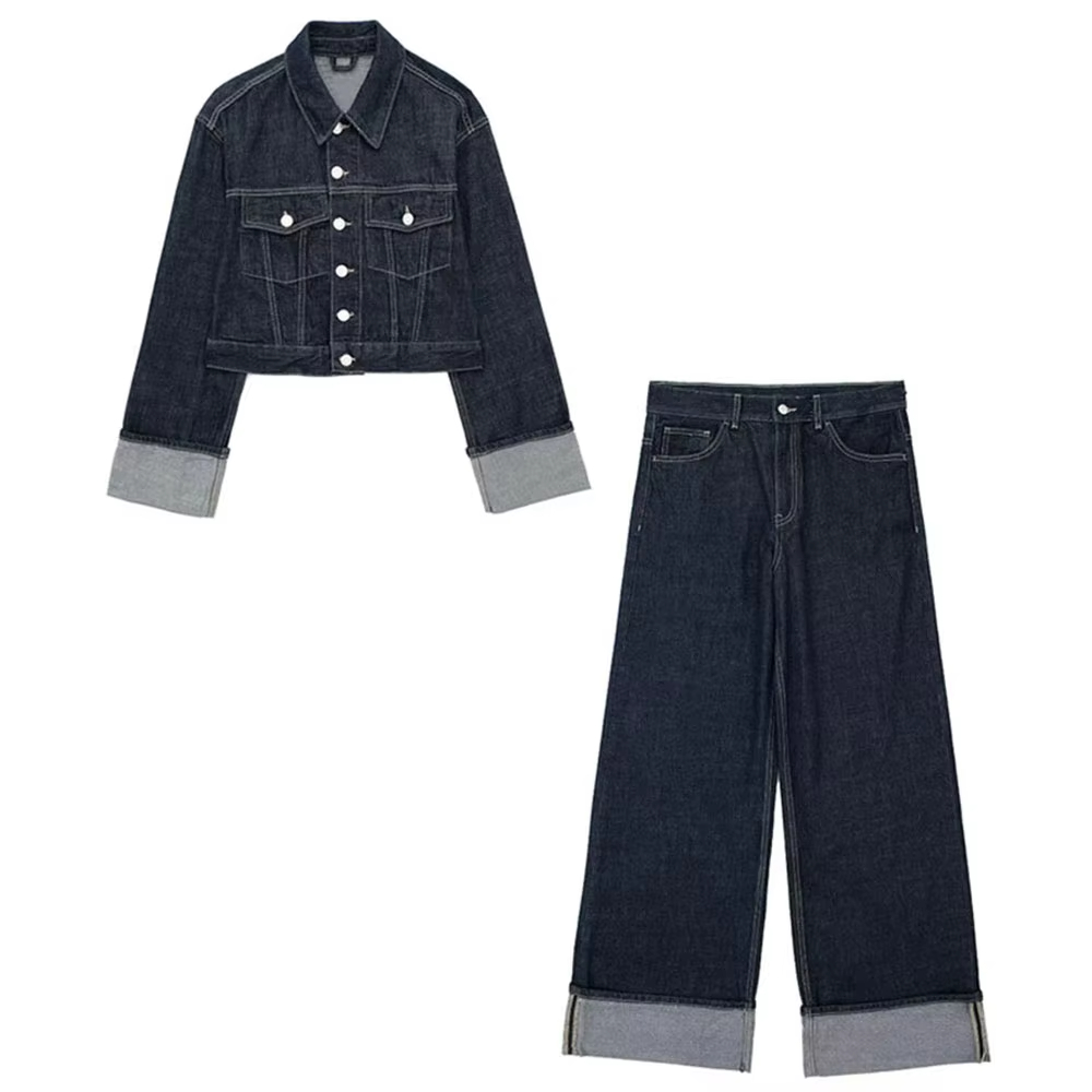 HH 女性ファッションデニムセットカジュアルラペル長袖クロップジャケットボタン女性ヴィンテージワイドレッグルーズジーンズ長ズボン