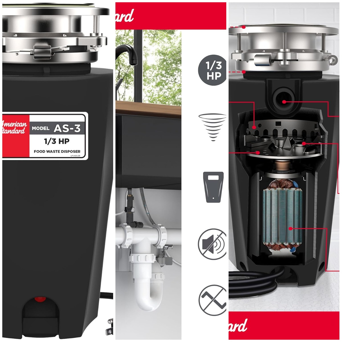 10-US-AS-3 ゴミ処理アンチジャムステンレススチール食品廃棄物粉砕システム、スリムライン、1/3 HP、ブラック