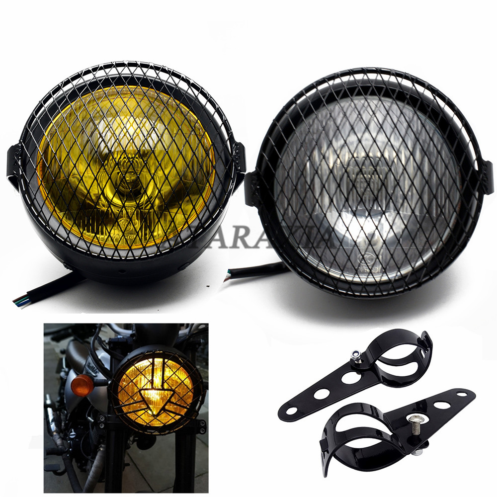 DC 12V オートバイグリルヘッドライト Bracktes バイクレトロヘッドライトカバースクーターヴィンテージフロントライトラウンドランプ