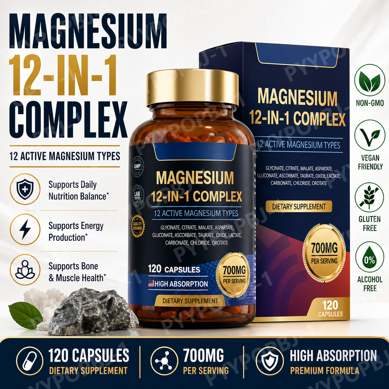 700mg マグネシウム複合体グリシン酸クエン酸リンゴ酸酸化タウリンアスパラギン酸オロチン酸マグネシウムを含む 12 in 1 マグネシウムサプリメント