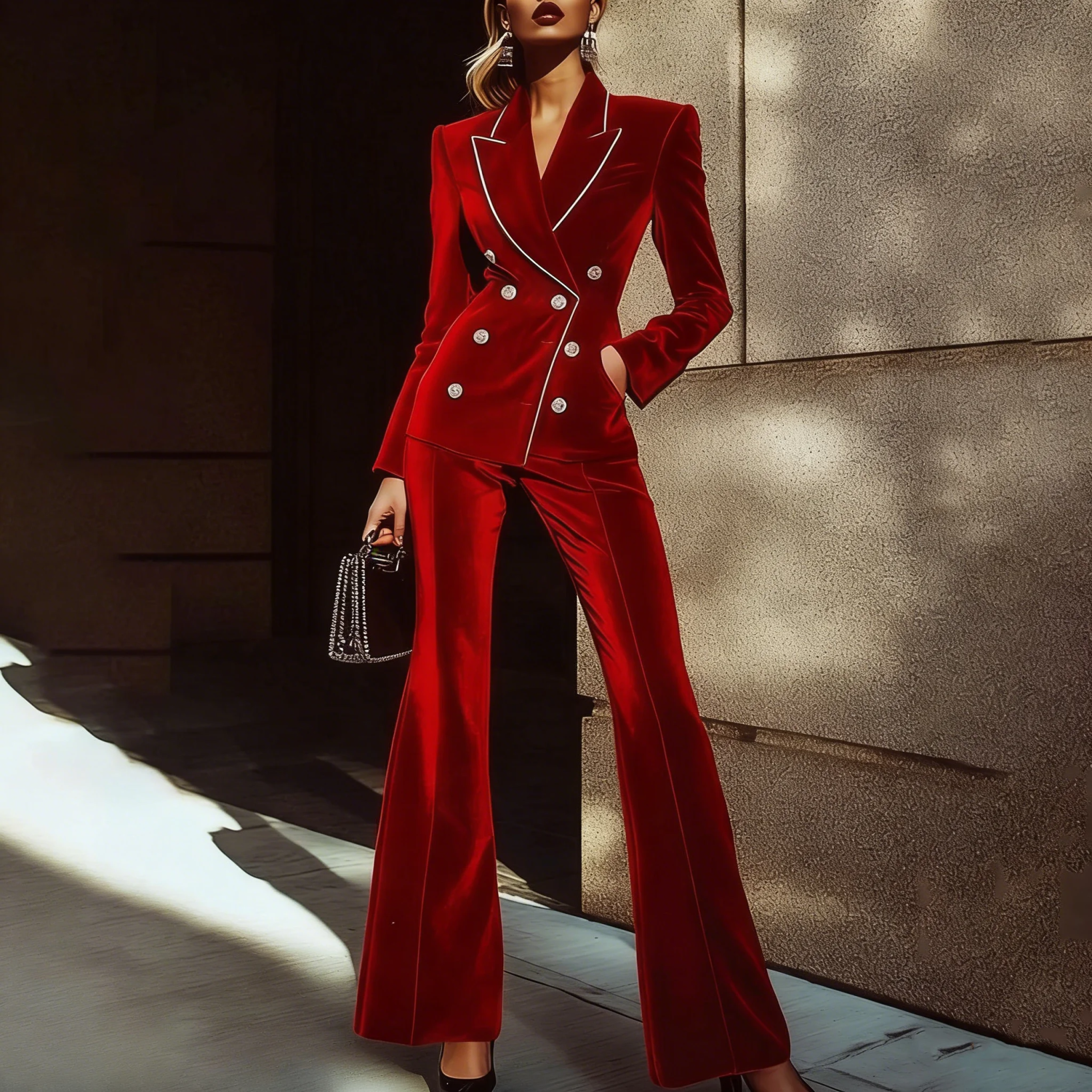 2025 春夏オフィスレディレッドベルベットの高級女性スーツファッションダブルブレスト 2 ピースブレザーパンツシックな衣装