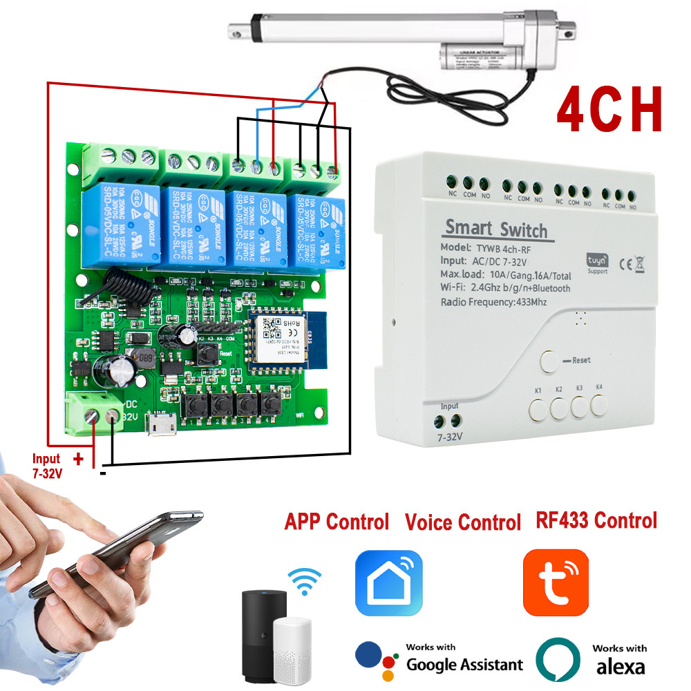 Tuya 4CH WIFI DC モーターコントローラー SmartLife スイッチ、DC 12V 24V 32V 4 チャンネルパルスインチングトリガーリレー、Alice Alexa RF433 リモート