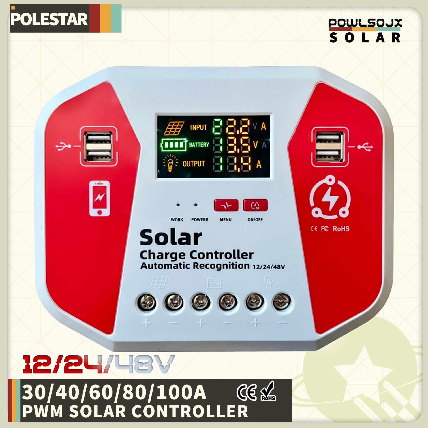 POWLSOJX ソーラー充電コントローラ 30A 40A 60A 80A 100A 12V 24V 48V 自動 PV レギュレータ LCD ディスプレイ付き 4 USB 鉛酸リチウム用