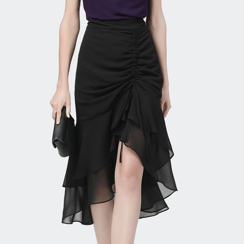 Chiffon Skirt with High Waist Slit Design Niche Summer New Style Waist Slimming Fish Tail Hip-packing Medium Length