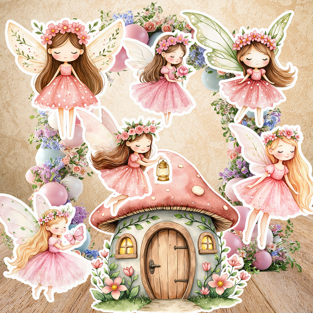 水彩ピンクの妖精のカットアウト魔法の庭の花キノコハウス泡ボード女の子段ボール写真プロップ誕生日パーティーの装飾