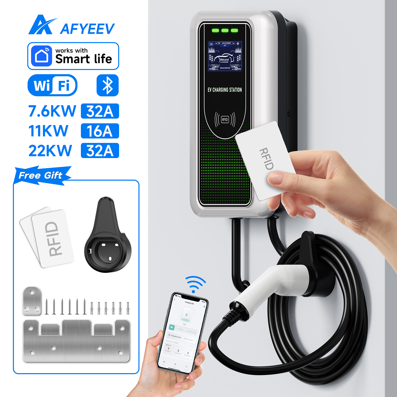 AFYEEV Type2 EV 充電器 32A 7.6KW 充電ステーション車の充電器 11KW 22KW 3 相 EVSE ウォールボックス APP Bluetooth WiFi リモコン
