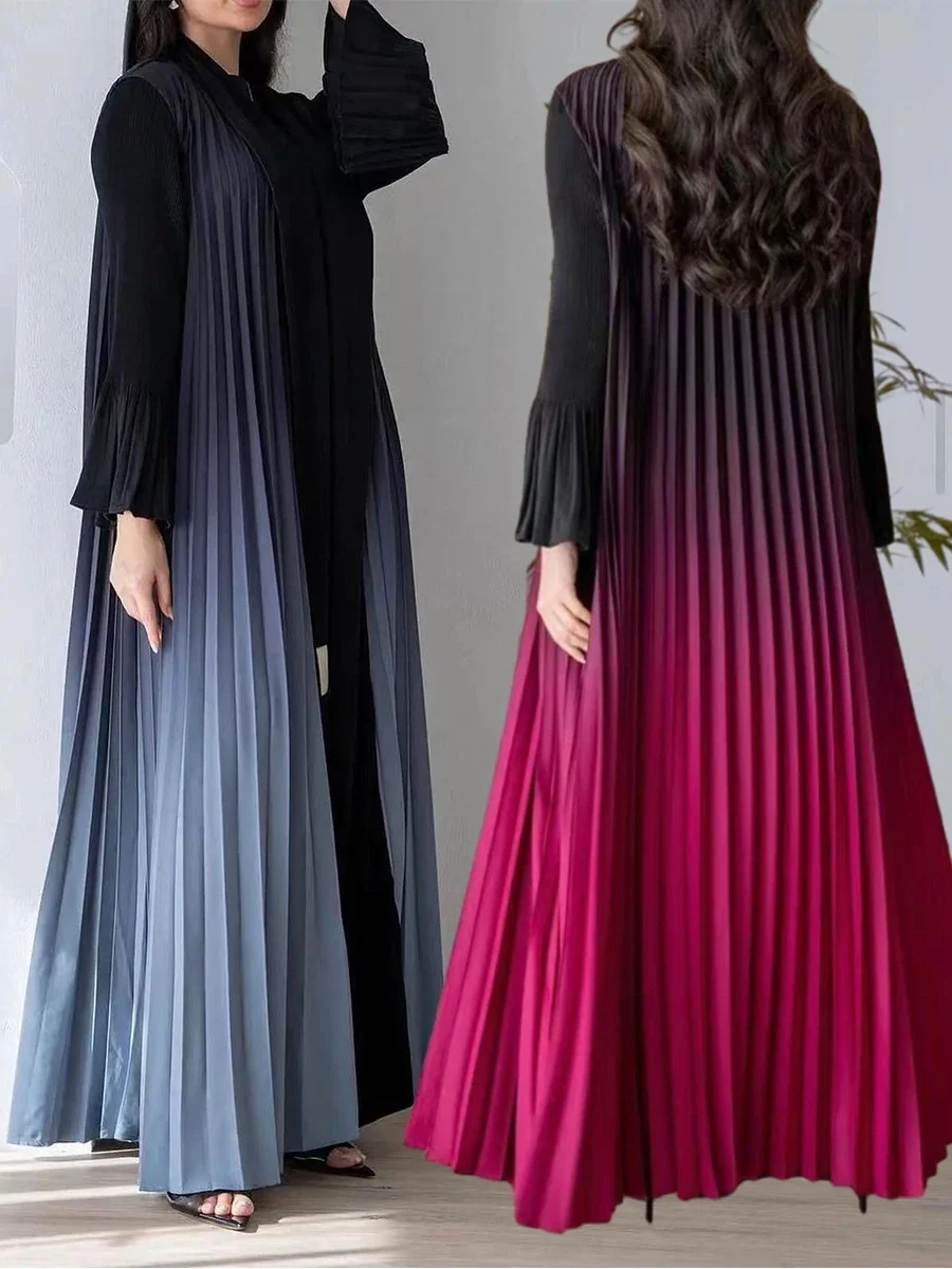 プリーツグラデーションイスラム教徒アバヤ女性 Abayas サウジアラブフレアスリーブカーディガンドレスカフタンマキシ Vestidos モロッコカフタンロングローブ