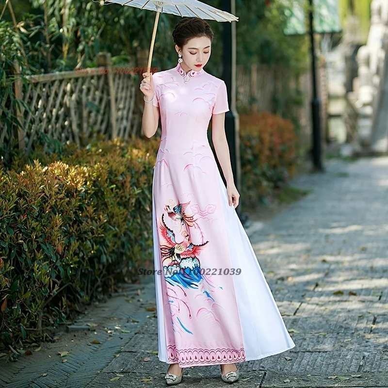 2026 ベトナムアオザイ伝統的なドレス中国改良袍国家フェニックスプリントチャイナドレス宴会イブニングドレス袍