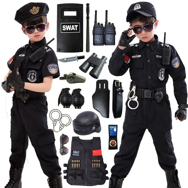 SWAT 子供ハロウィン警官コスプレ衣装子供カーニバル警察制服 110-160 センチメートル男の子陸軍警察官兵士 7 ピース/セット
