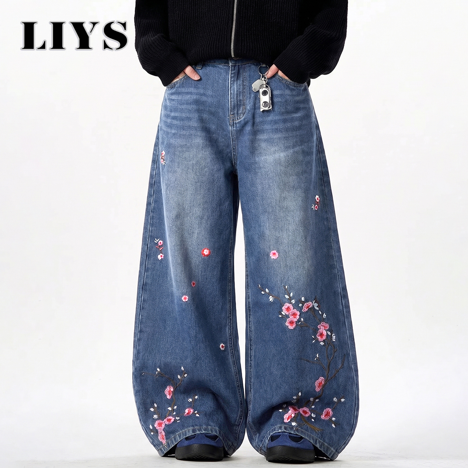 LIYS メンズ Retor 梅の花刺繍バギー ジーンズ ブルー ウォッシュ ワイドレッグ デニム ストリート カジュアル デニム パンツ ユニセックス