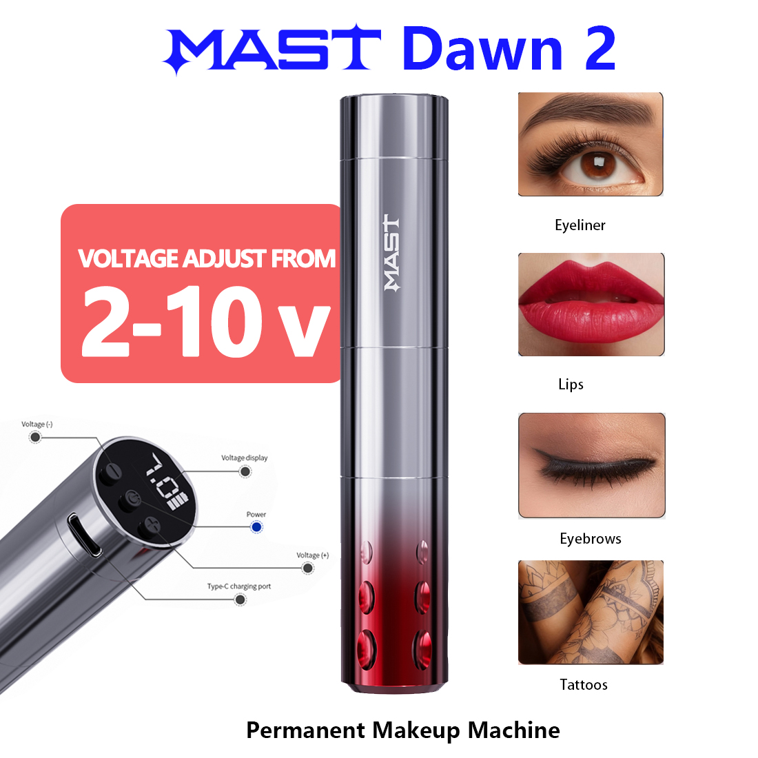Mast Dawn2 PMU Pen Wireless Permanent Makeup Machine 2-12V Working Voltage 3.0mm Stroke Lightweight Design for Micropigmentation