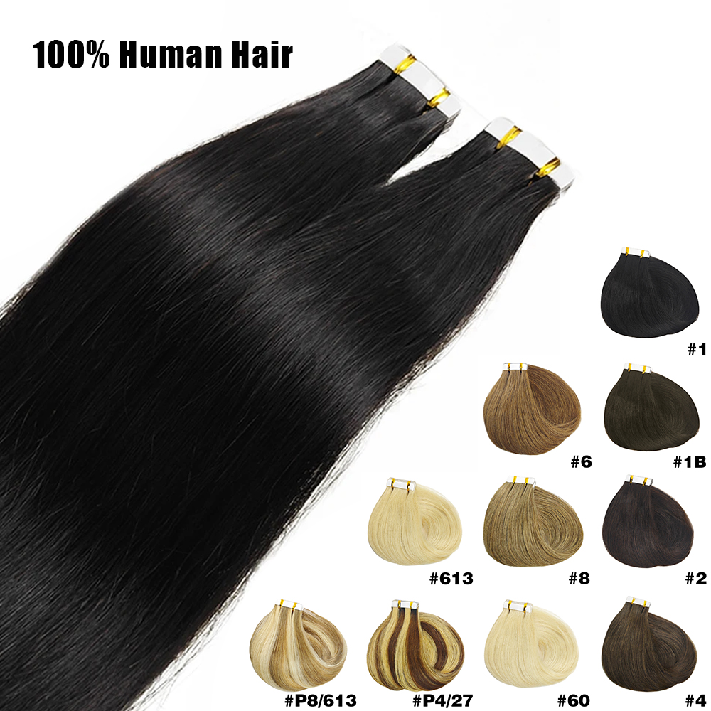ストレートテープでヘアエクステンションブラジル人毛 100% 20 ピース/50 グラムナチュラルブラックシームレススキン横糸交換可能な接着テープイン