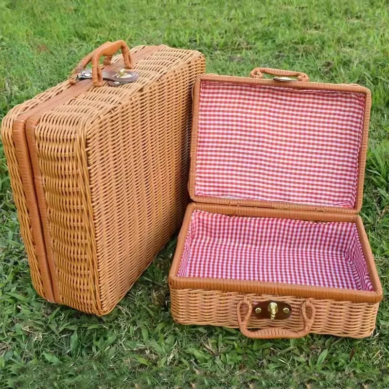 レトロ籐スーツケース手作り籐ピクニック収納バスケット旅行キャンプ食品スナック荷物容器わら織スーツケース