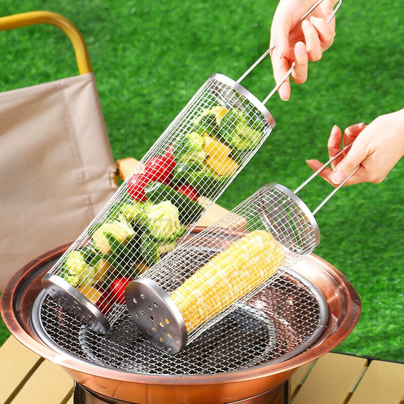 1-2P 屋外バーベキューグリルおいしい野菜魚をもっとこのポータブルバーベキューローリンググリルバスケットでバーベキューツールキャンプアクセサリー