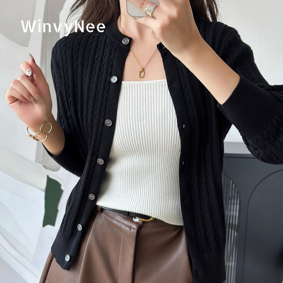 WinvyNee 婦人服 100% ピュアコットンツイストニットラウンドネックカーディガンファッショントップスアウトドアレディースシンプルな衣装 ZA1002010