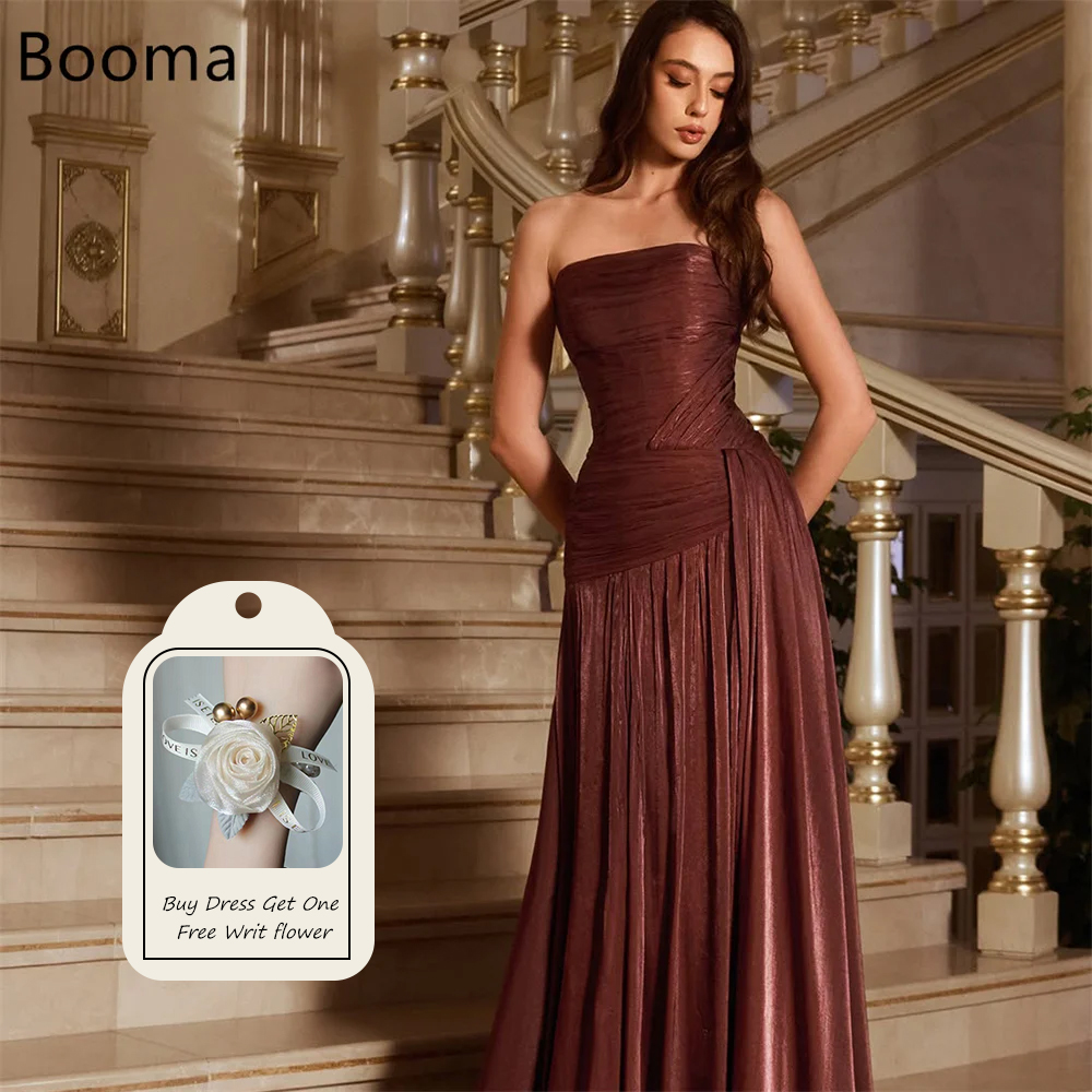 Booma マーメイドストラップレスプリーツ光沢のあるブラウンイブニングドレスフォーマルパーティードレス女性ノースリーブエレガントなウエディングドレスカスタマイズ