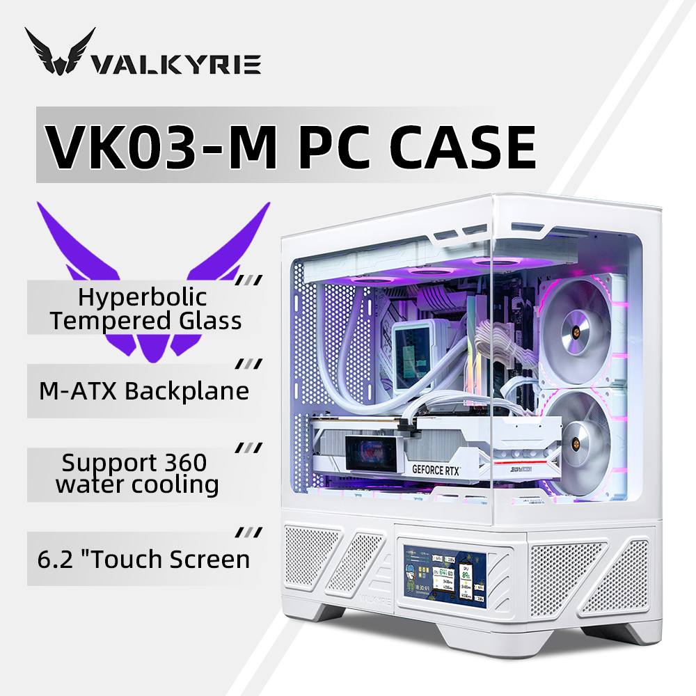 VALKYRIE M-ATX PC ケース ゲーミング デスクトップ ケース VK03-M LCD 360 水冷対応 6.2 インチ タッチスクリーン ガラス 270° シービュー ルーム