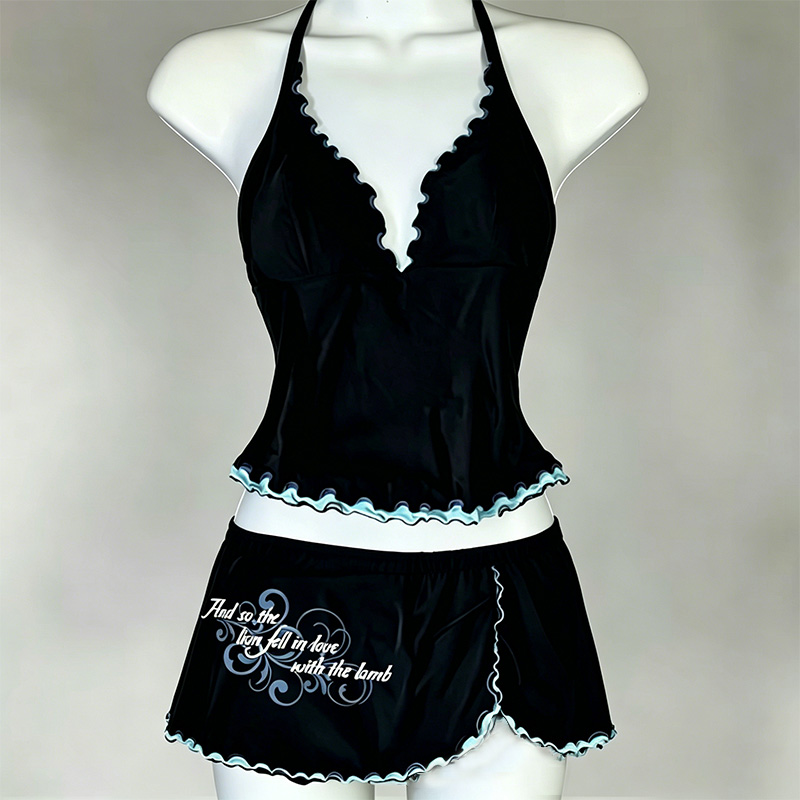 Y2K ヴィンテージホルタータンキニスカートビキニセット夏休み黒フリルエッジレタープリント水着女性のセクシーなビーチウェア用