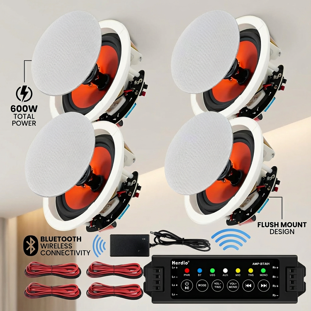 Herdio 6.5インチ Bluetooth 天井スピーカー 600W 埋め込み式ホームスピーカーシステム 屋内、キッチン、劇場、寝室、オフィス用