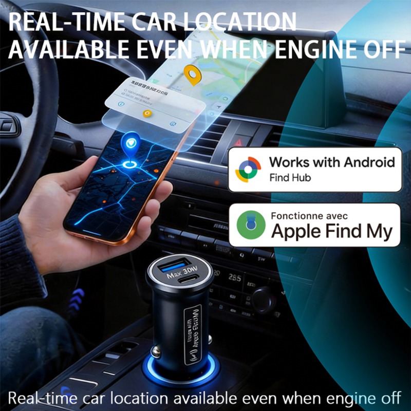 2-in-1 ユニバーサル GPS トラッカー 車 OBD 充電器 シガーライター USB Type-C 自動車 Google Iphone Ipad GPS ロケーター Find My Apple