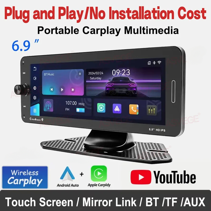 6.9 インチポータブルラジオワイヤレス CarPlay Android Auto 物理ノブタッチスクリーン Bluetooth ミラーリンク FM USB AUX