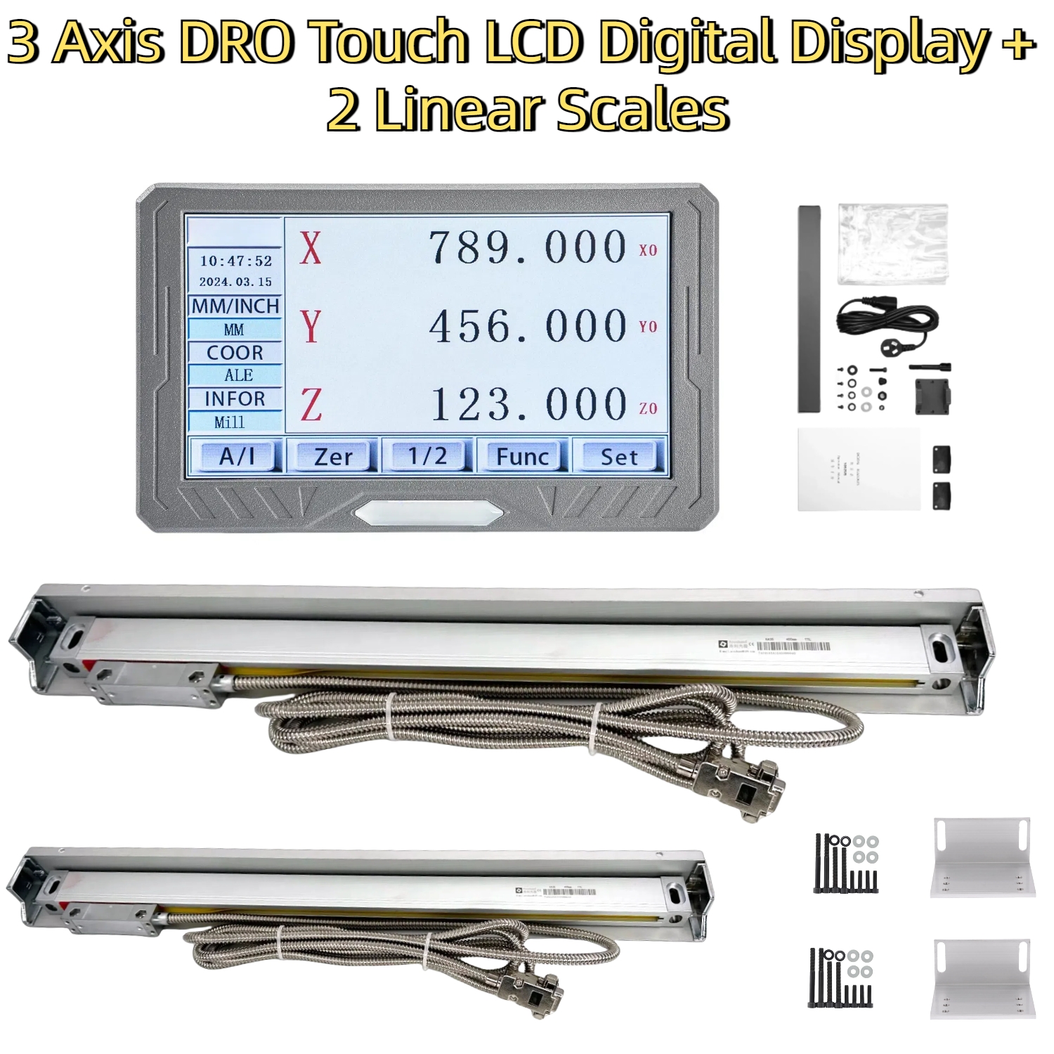 Multilingual 3 Axis LCD Full Touch Screen Digital DRO Kit SDS200S Readout Display & 2PCS 5um Linear Glass Scale Ruler