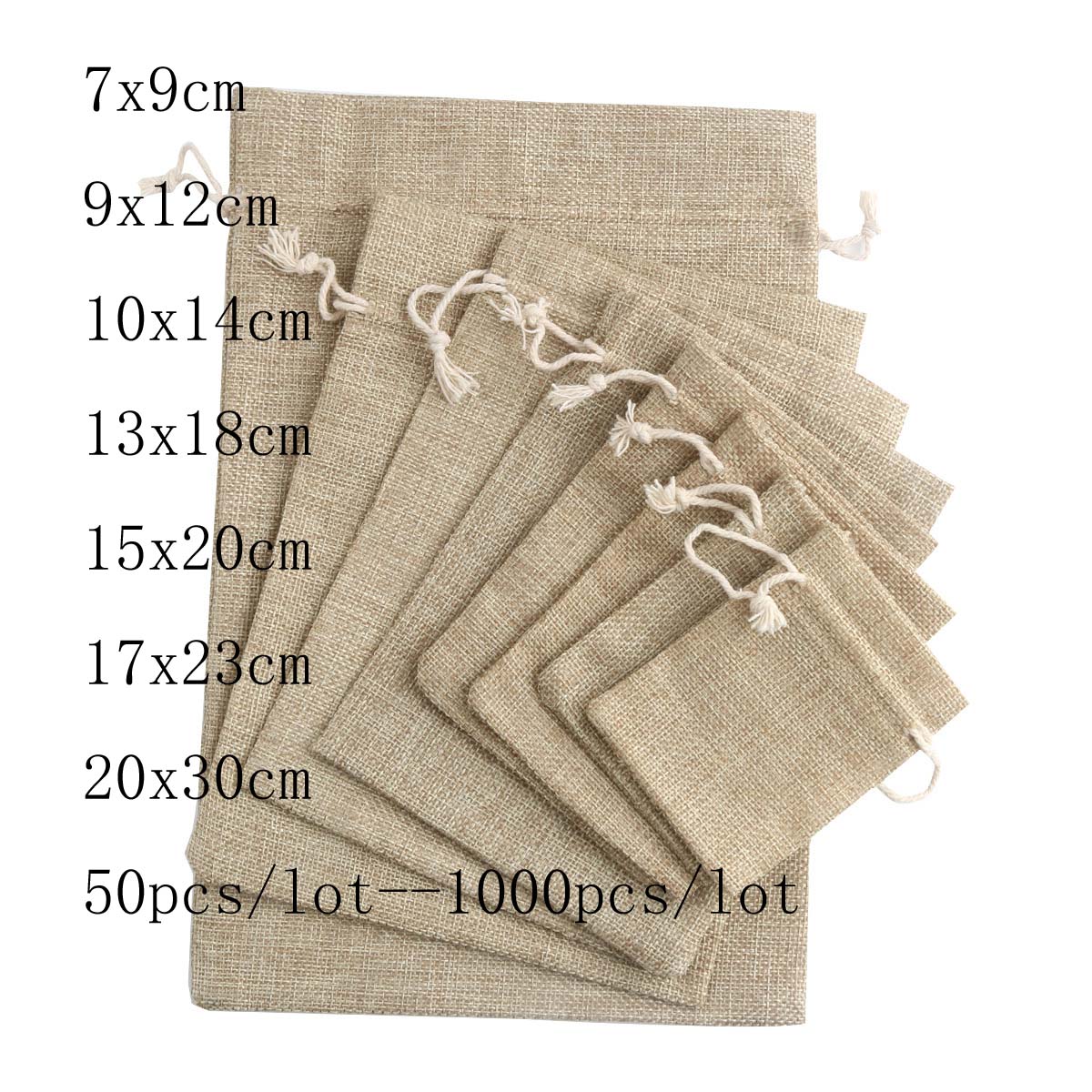 50 ピース/ロット 7 × 9 9 × 12 10 × 14 センチメートルジュートギフトバッグコットンリネンジュエリーバッグ巾着包装ポーチディスプレイ結婚式袋黄麻布バッグ