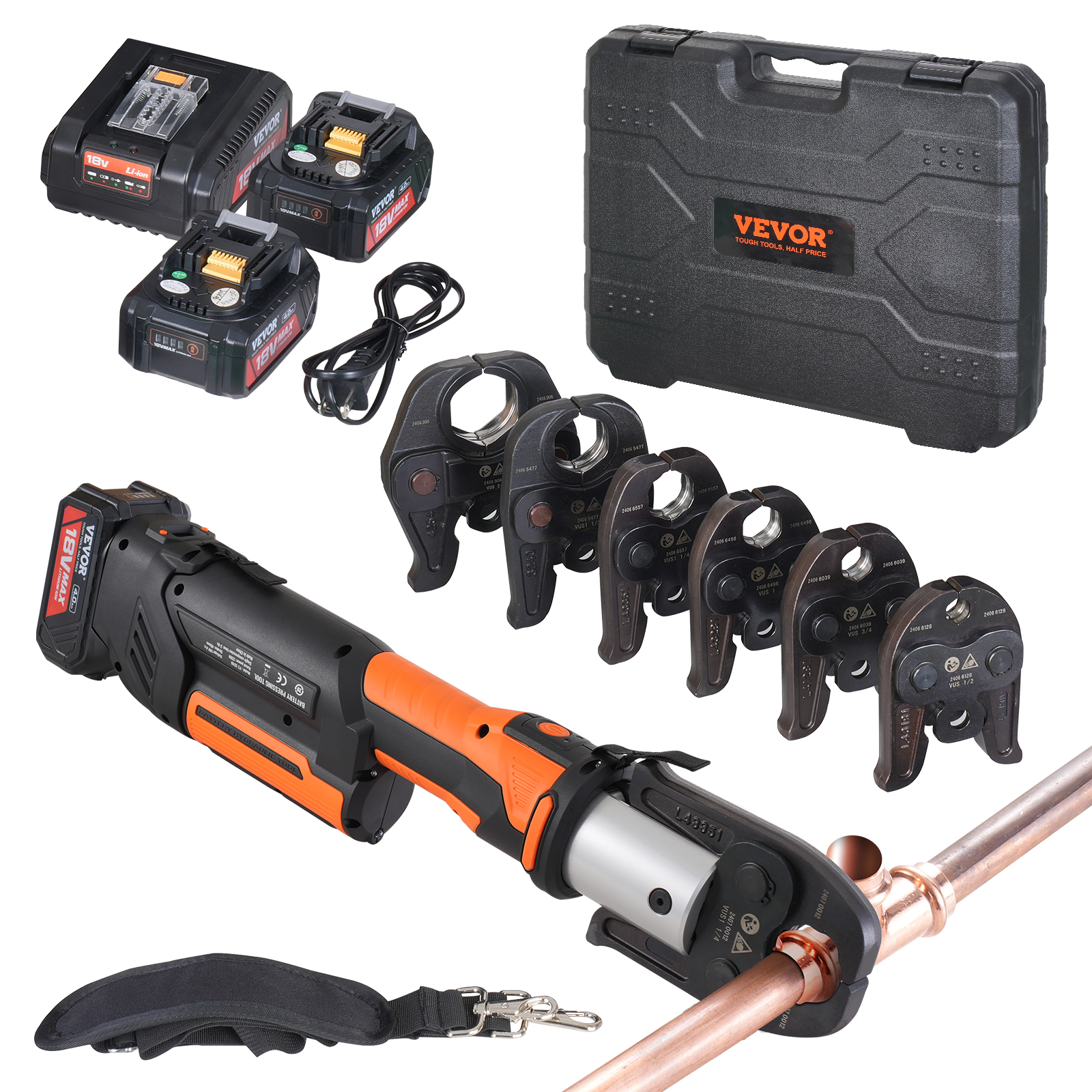 SucceBuy プレスツール 18V 電動パイプ圧着工具 1/2 インチ 3/4 インチ 1 インチ 1-1/4 インチ 1-1/2 インチ 2 インチ銅パイプ用プレスツール ブラシレスモーター付き