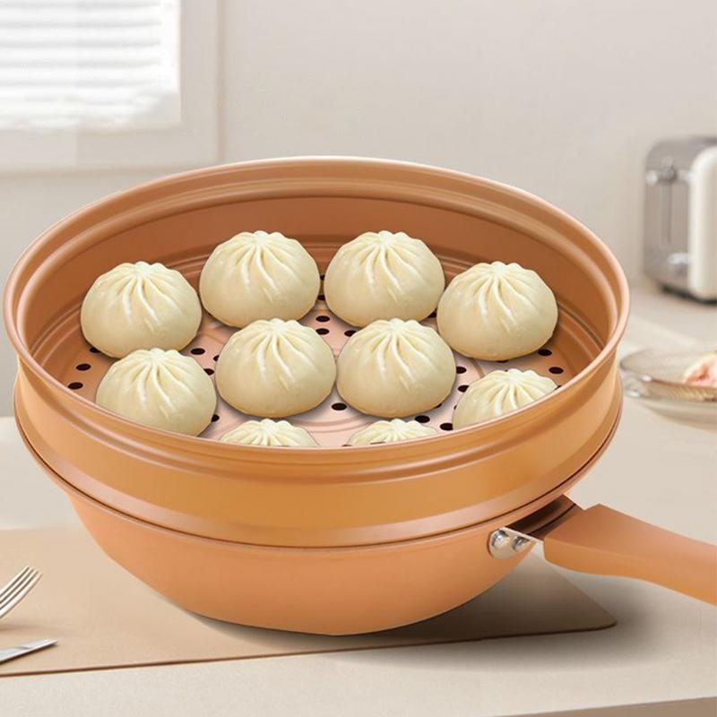 蓋付き鉄中華鍋テフロン加工粘土中華鍋蒸し器バスケット付き微圧力中華鍋多機能家庭用フライパン平底