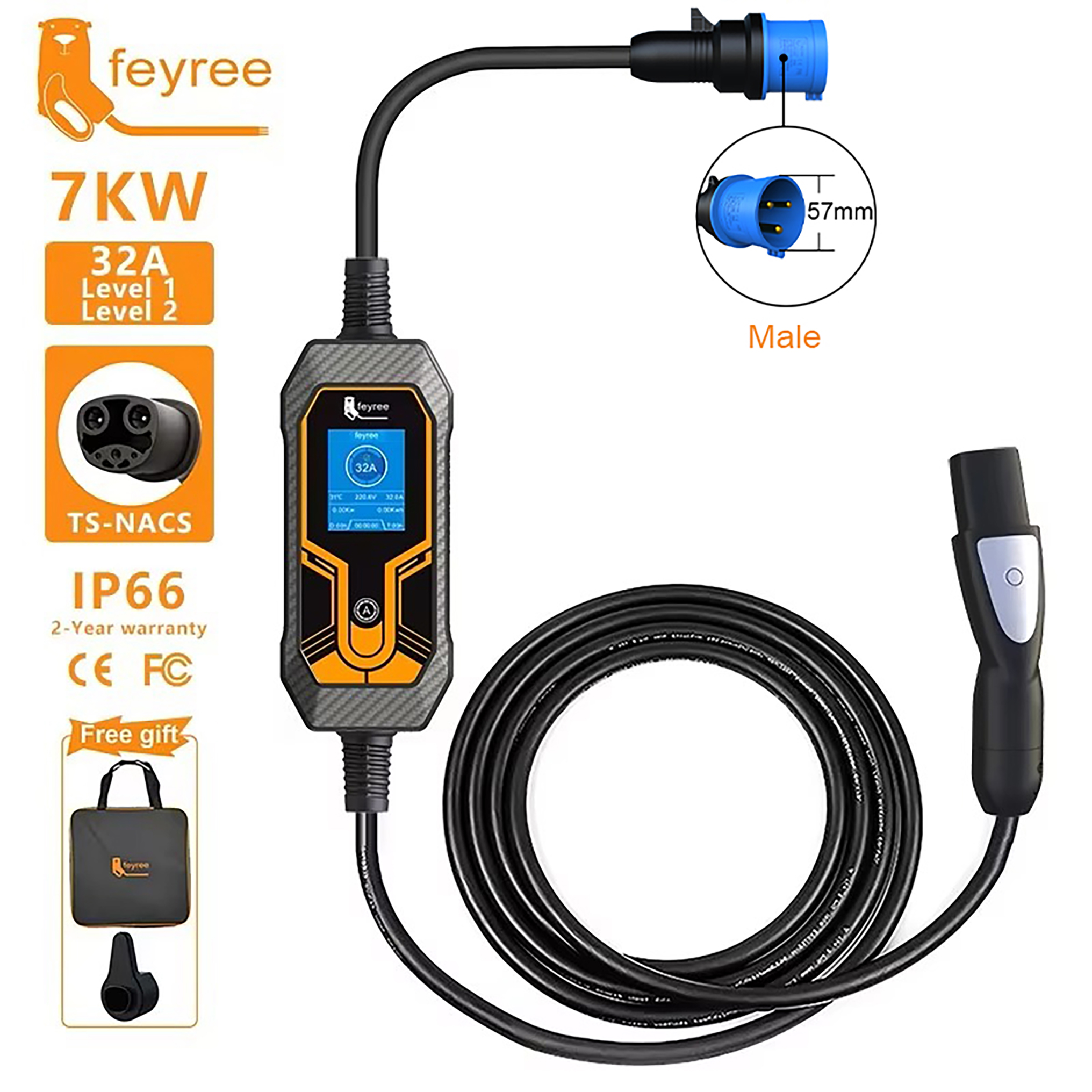 Feyree ポータブル EV 充電器 ウォールボックス テスラ 7KW 32A 1 相レベル 2 5m ケーブル電流付き すべてのテスラモデル 3/Y/S/X に調整可能