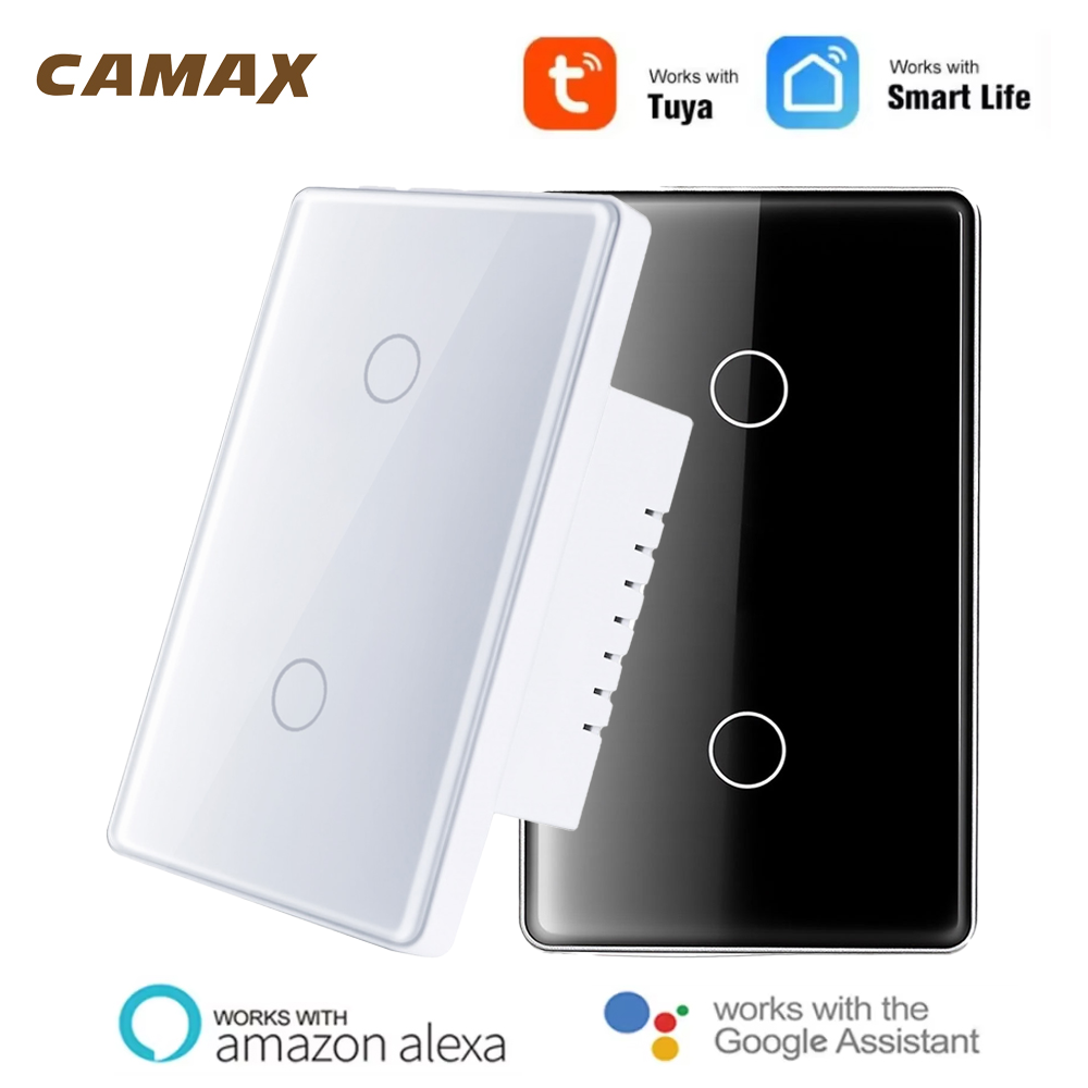 2 ギャング Tuya WiFi スマート スイッチ米国中性線不要ガラスタッチライトスイッチ Alexa Google ホームワイヤレスと連携