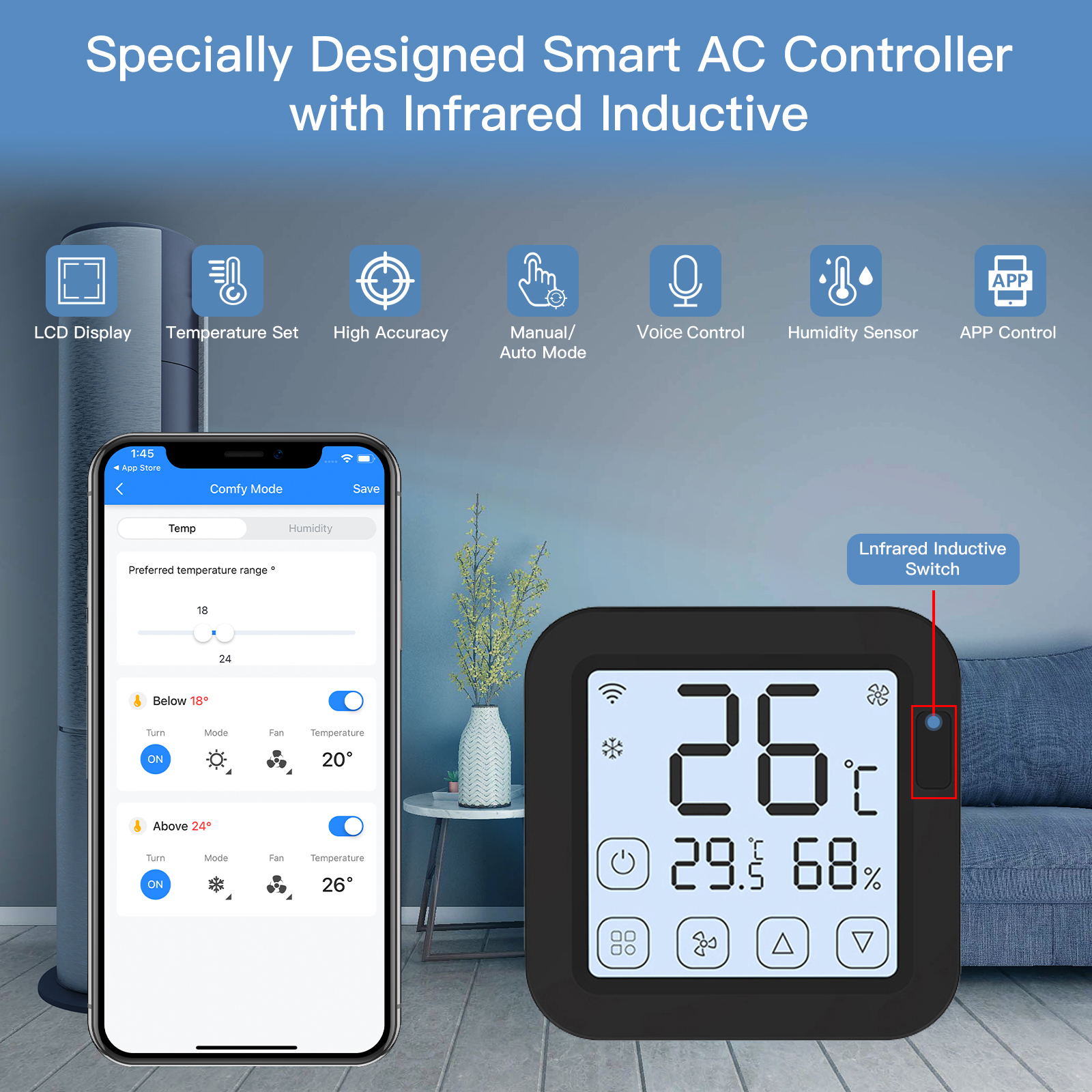 Tuya Smart Wifi IR Air Conditioner Controller Thermostat with LCD Display App Control Temperature Humidity Sensor Monitor