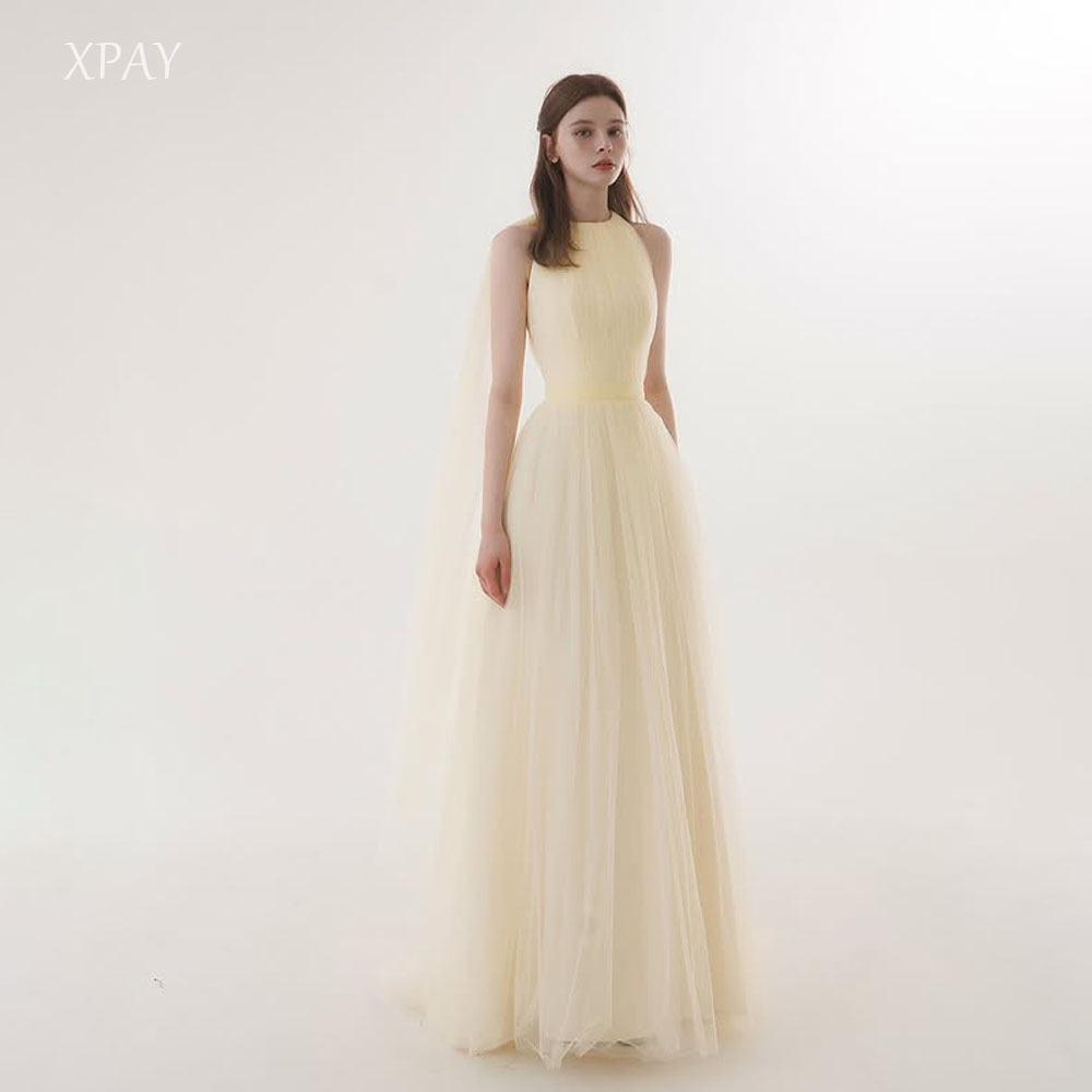 XPAY 甘い淡い黄色のイブニングドレス A ライン韓国結婚式の写真撮影シルクチュールホルターウエディングドレスカスタマイズ 2026