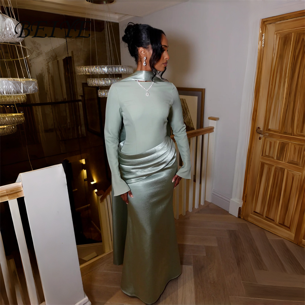 BEIYE ヴィンテージグリーンサテン長袖シース女性のフォーマルイブニングドレス 2026 O ネックウエディングドレスプリーツパーティードレスカスタマイズ